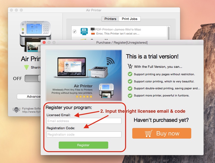 input the right licensee email & code - register air printer