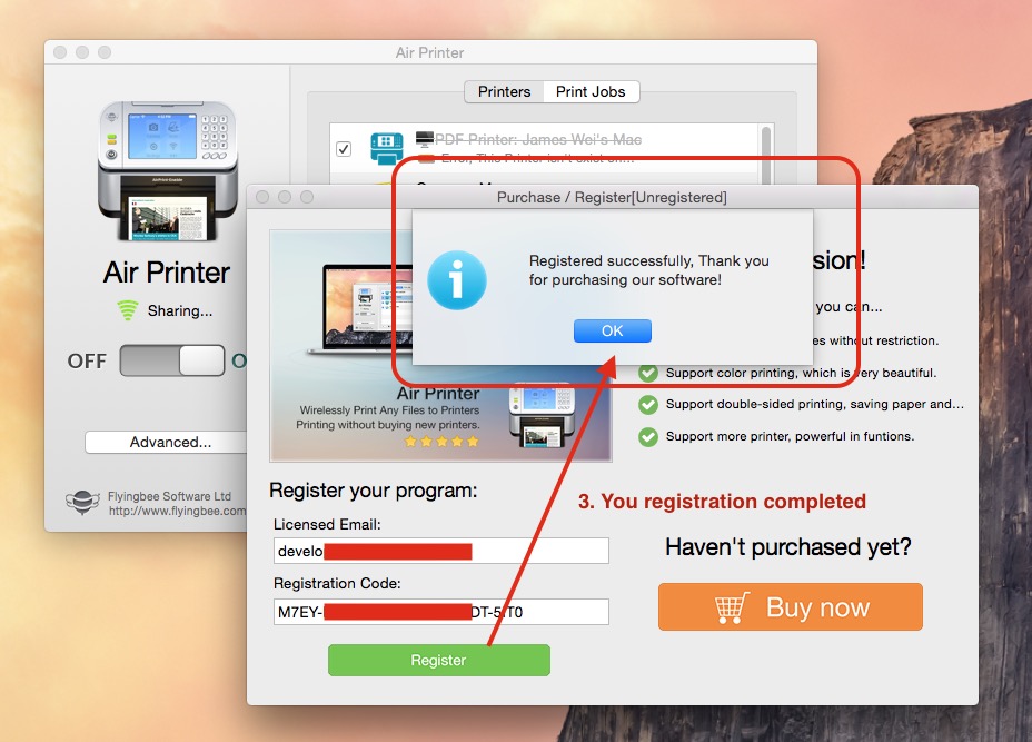 you registration completed - register air printer
